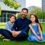 A diverse group of adults and children, fully clothed in modest, comfortable attire, enjoying a peaceful moment in a modern urban park. Surrounding contemporary architecture features subtle elements suggesting advanced acoustic design, such as sleek, sound-absorbing facade materials. The atmosphere is calm and serene, with soft daylight, emphasizing tranquility in a bustling city. Professional photography, high resolution, perfect anatomy, correct proportions, natural pose, well-formed hands, proper finger count, natural body proportions, safe for work, appropriate content, family-friendly.