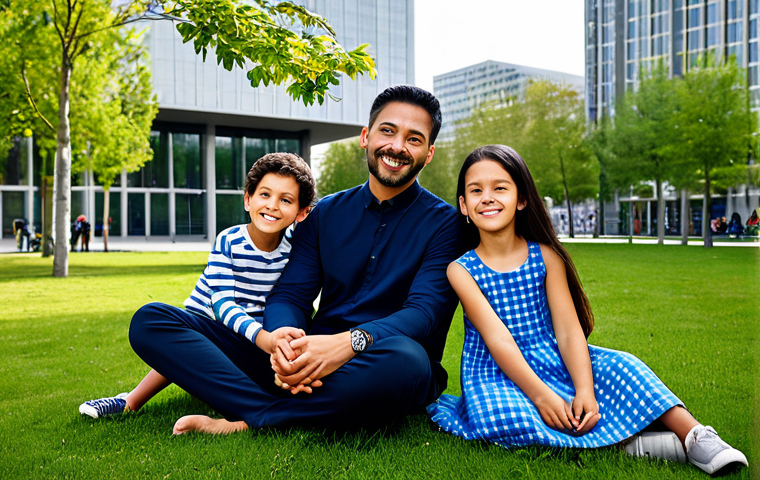 A diverse group of adults and children, fully clothed in modest, comfortable attire, enjoying a peaceful moment in a modern urban park. Surrounding contemporary architecture features subtle elements suggesting advanced acoustic design, such as sleek, sound-absorbing facade materials. The atmosphere is calm and serene, with soft daylight, emphasizing tranquility in a bustling city. Professional photography, high resolution, perfect anatomy, correct proportions, natural pose, well-formed hands, proper finger count, natural body proportions, safe for work, appropriate content, family-friendly.