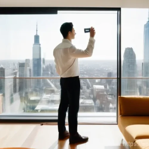 소음진동 측정 기기 사용법 - **Prompt:** "A young adult, approximately in their late twenties, stands in a sunlit, contemporary l...