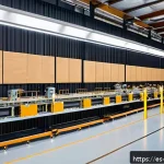 소음진동 실무에서의 사례 기반 학습 - A modern industrial factory interior showing strategically placed acoustic barriers made of dense, s...