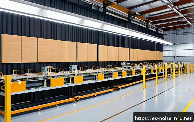 소음진동 실무에서의 사례 기반 학습 - A modern industrial factory interior showing strategically placed acoustic barriers made of dense, s...