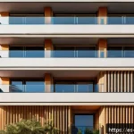 소음진동 이론  소음과 진동의 기초 - A detailed urban residential scene in a Spanish city showing a modern apartment building near a busy...