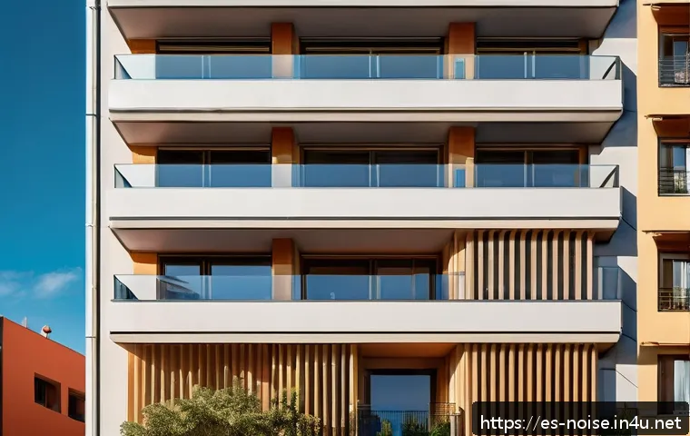 소음진동 이론 소음과 진동의 기초 - A detailed urban residential scene in a Spanish city showing a modern apartment building near a busy...